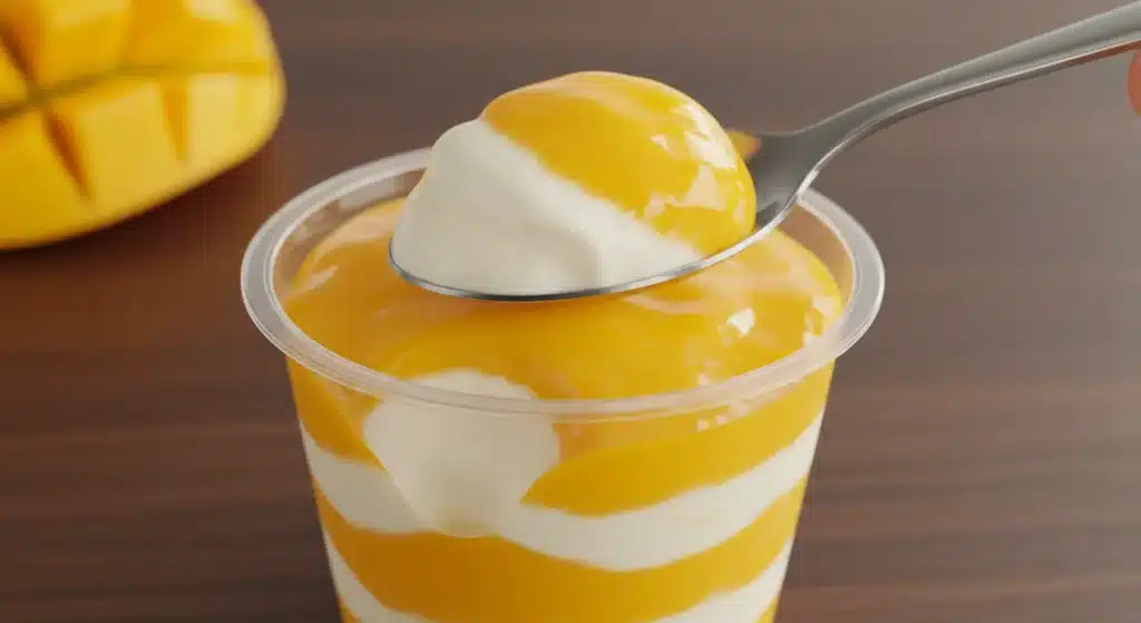 Close-up shot of mango dessert cups with yogurt, mango puree, and granola, garnished with mint and chia seeds in glass jars.