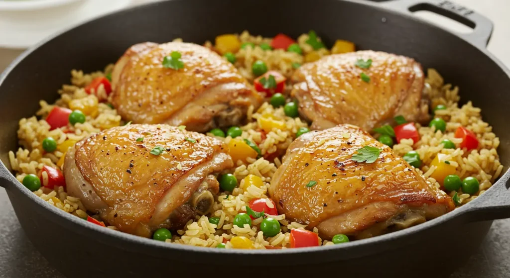 Golden chicken thighs baked over seasoned rice with vegetables in cast iron Dutch oven