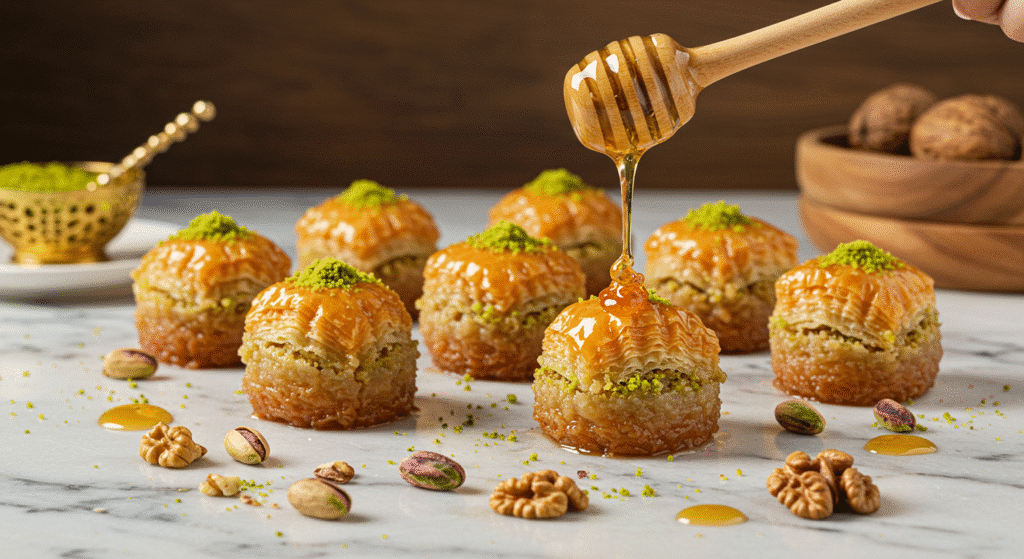 Golden baklava dessert cups with honey drizzle and crushed nuts on marble surface