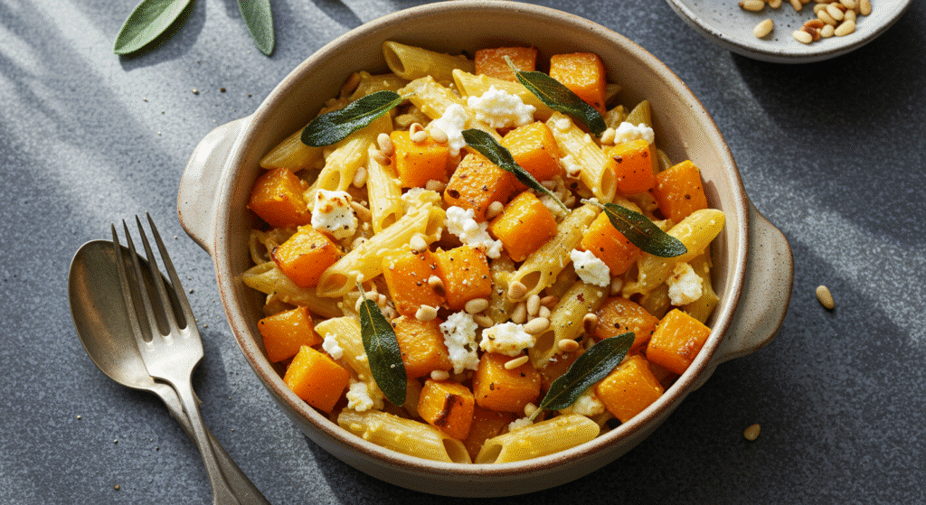 Butternut squash baked feta pasta in ceramic bowl with melted feta and roasted squash