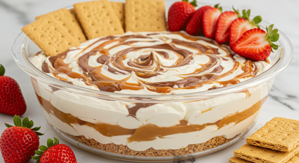 Ultimate Booty Dip dessert with chocolate caramel swirls served with graham crackers and strawberries