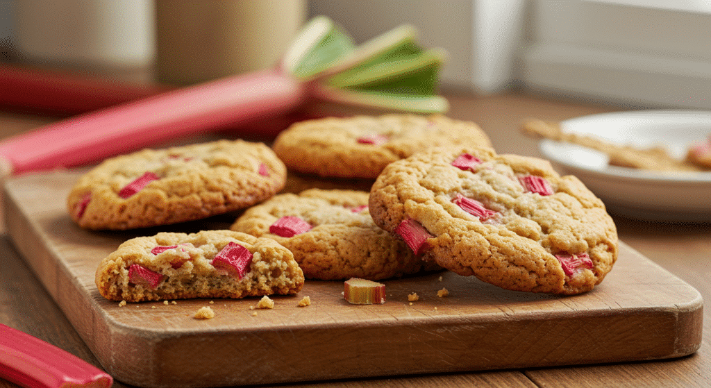 Ultimate rhubarb cookies recipe with visible rhubarb pieces on wooden board