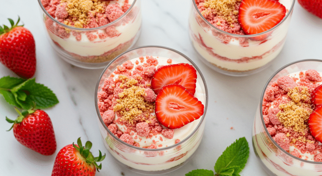 Ultimate strawberry crunch cheesecake cups with layered cream filling and crunchy topping