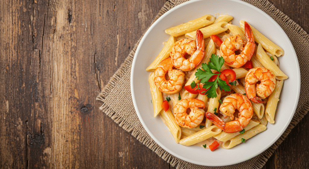 Quick Cajun shrimp pasta with creamy sauce and perfectly seasoned shrimp on wooden table