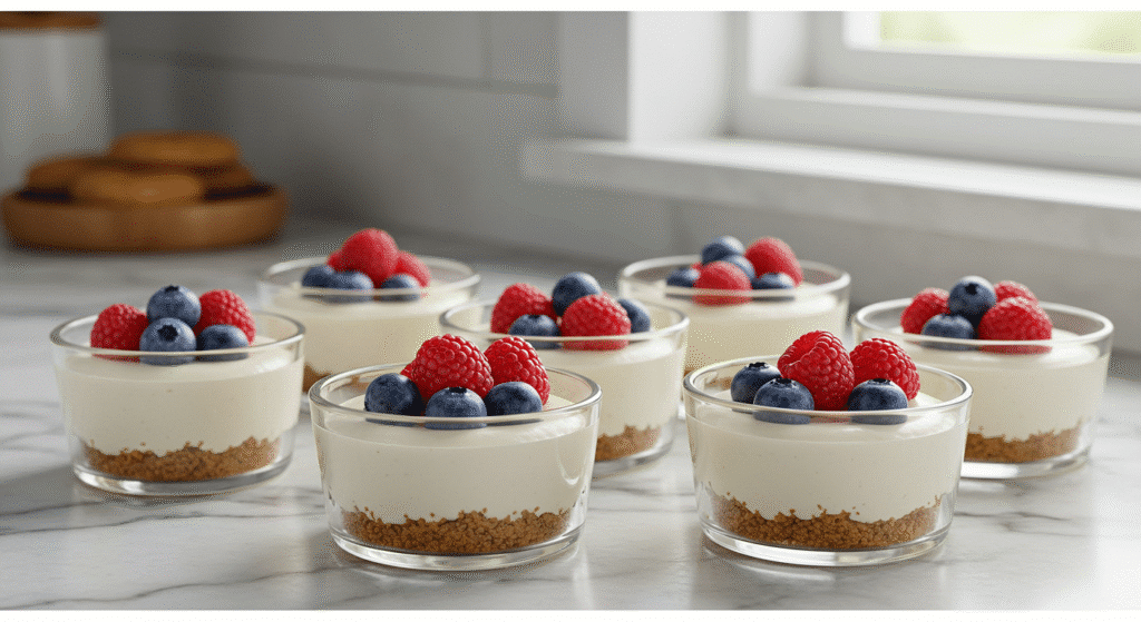 High-protein cheesecake cups with fresh berries on marble counter