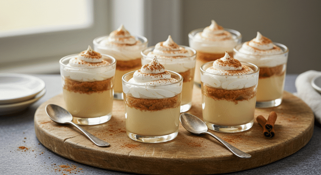 Mini tres leches cups with whipped cream topping in clear glass cups on wooden board
