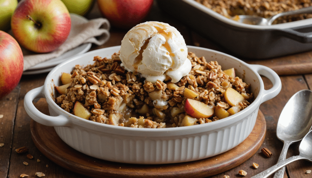 A warm serving of apple crisp in a bowl