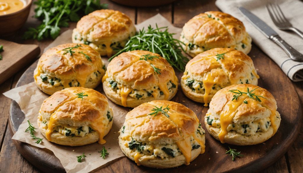 Savory cheddar and herb scones on a wooden board