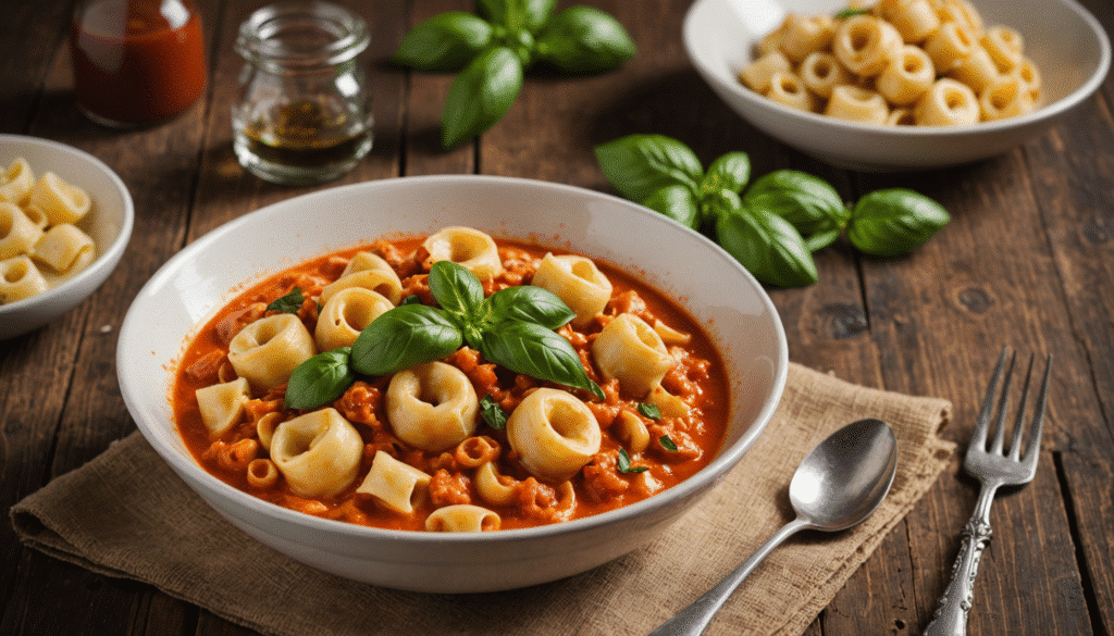 Cheese tortellini with creamy tomato sauce, garnished with fresh basil