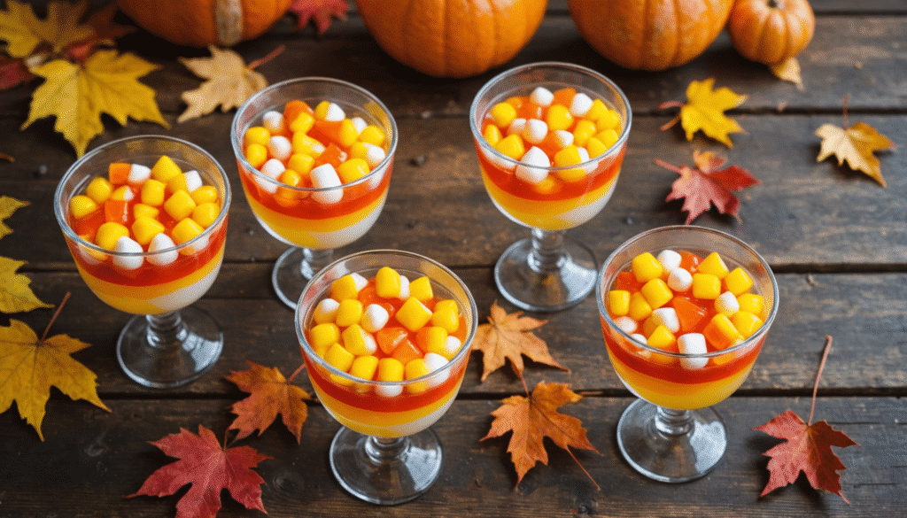 Colorful candy corn jello cups in clear glasses