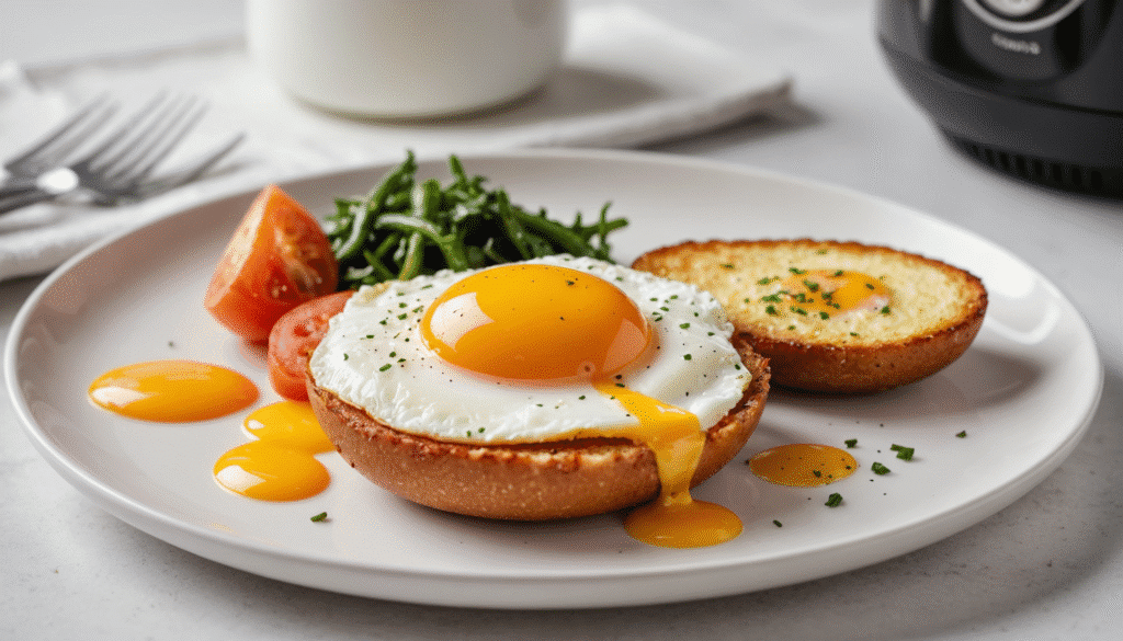Perfectly cooked air fryer egg on a white plate