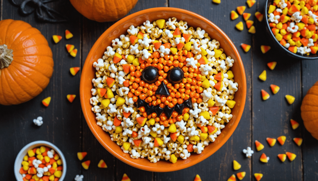 A festive bowl of monster popcorn with candy eyes and colorful mix-ins