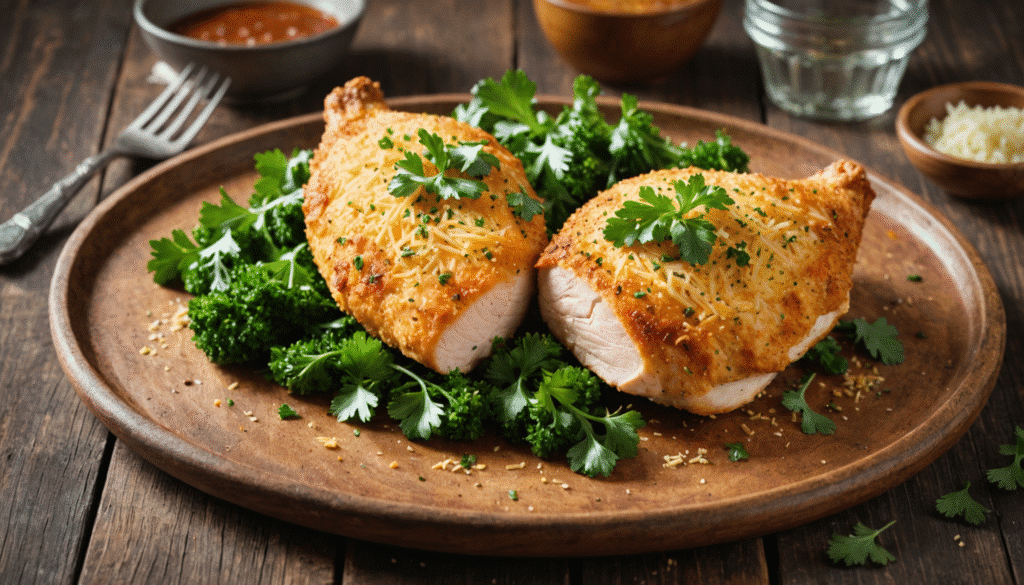 Golden brown garlic parmesan baked chicken with fresh herbs