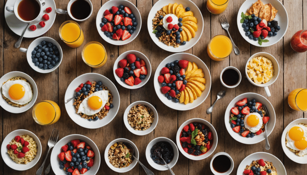 A vibrant spread of healthy breakfast ideas on a wooden table