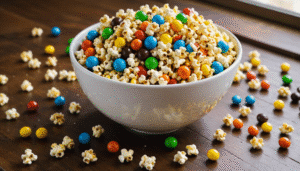 A close-up of monster popcorn in a white bowl