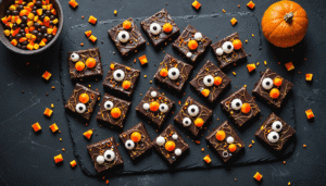 Colorful Halloween chocolate bark with sprinkles and candies on a dark slate board