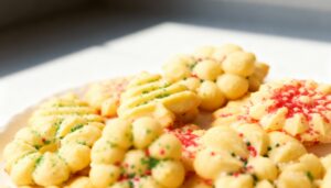 A platter of freshly baked Classic Buttery Almond Spritz Cookies in various festive shapes, adorned with colorful sprinkles, showcasing their golden-brown edges and delicate texture, ready for holiday celebration.