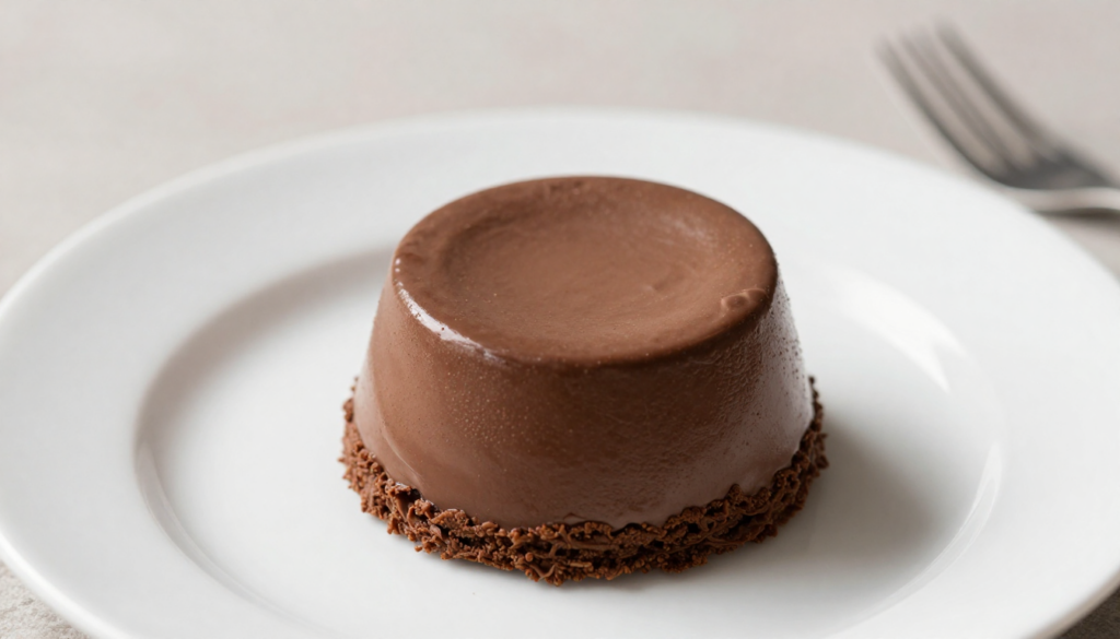 A close-up shot of a serving of classic velvety chocolate mousse, garnished with chocolate shavings and a fresh raspberry, presented in an elegant glass.