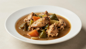 Close-up of a comforting bowl of hearty chicken and vegetable stew with tender chicken, potatoes, carrots, and mushrooms