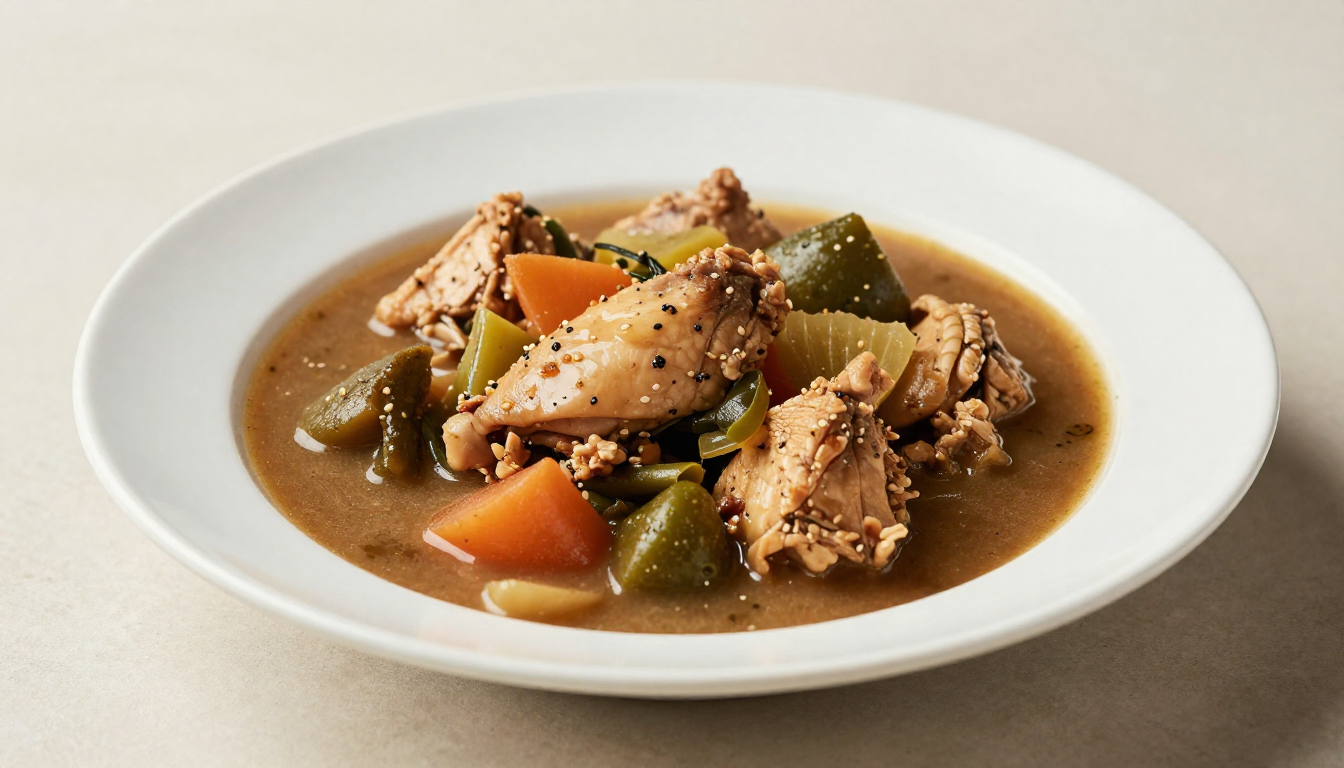 Close-up of a comforting bowl of hearty chicken and vegetable stew with tender chicken, potatoes, carrots, and mushrooms