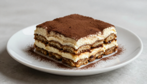 A close-up shot of a perfect slice of Classic Italian Tiramisu, dusted with cocoa powder and garnished with coffee beans.