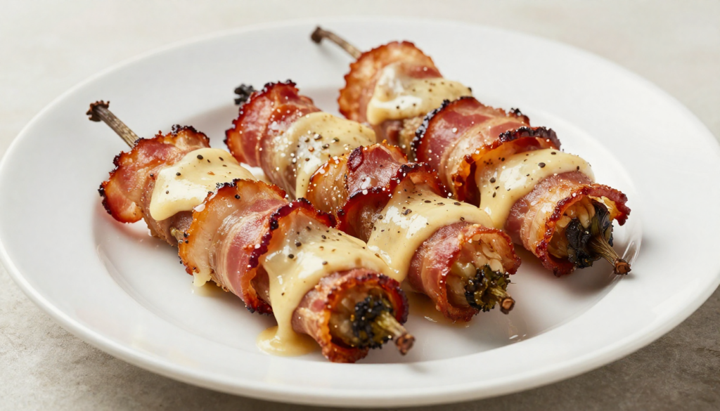 A platter of baked bacon-wrapped cheesy stuffed jalapeños, golden brown and ready to serve.