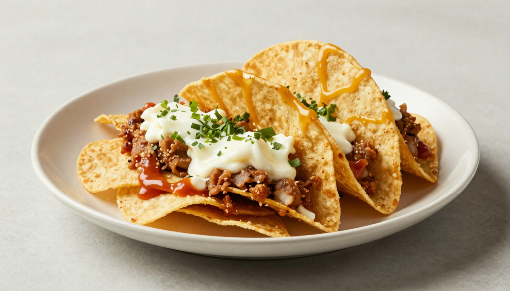 A close-up view of a large sheet pan filled with golden Fritos Scoops generously topped with seasoned ground beef, melted cheddar cheese, fresh shredded lettuce, diced tomatoes, and sour cream.
