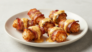 Close-up of perfectly baked bacon-wrapped cheesy jalapeño poppers on a serving platter, golden brown and ready to eat.