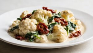 Skillet of creamy Marry Me Cauliflower with sun-dried tomatoes, spinach, and Parmesan, garnished with fresh parsley, served over rice.