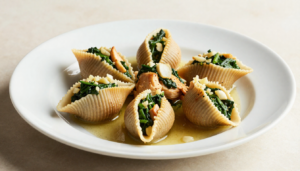Close-up of golden-baked jumbo pasta shells generously filled with creamy chicken and spinach, topped with melted cheese and fresh parsley, resting in marinara sauce in a baking dish.