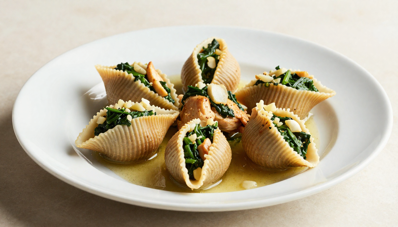 Close-up of golden-baked jumbo pasta shells generously filled with creamy chicken and spinach, topped with melted cheese and fresh parsley, resting in marinara sauce in a baking dish.