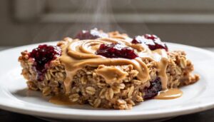 A close-up of a slice of chewy baked oatmeal with visible swirls of raspberry jam and peanut butter, presented on a plate.