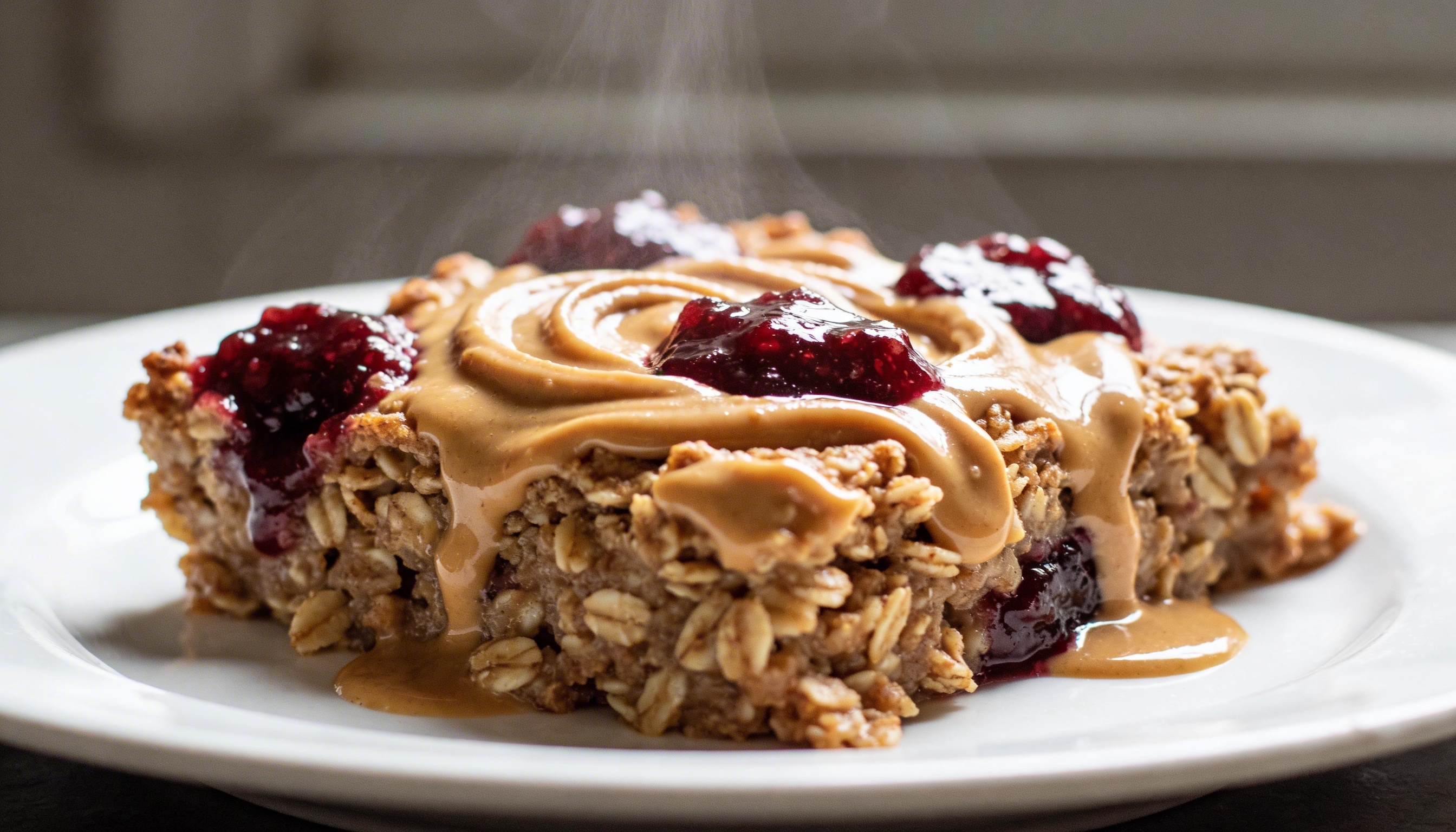 A close-up of a slice of chewy baked oatmeal with visible swirls of raspberry jam and peanut butter, presented on a plate.