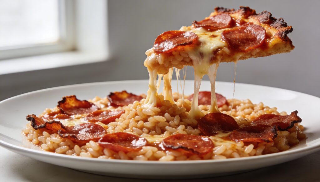 A creamy bowl of Pizza Supreme Risotto topped with crispy pepperoni slices, grated Parmesan cheese, and fresh basil leaves.