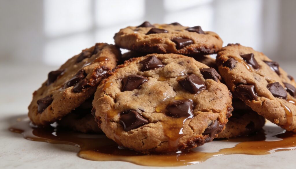 A stack of warm brown butter chocolate chip cookies with crisp edges and chewy middles, showcasing their golden brown color.