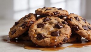 A stack of warm brown butter chocolate chip cookies with crisp edges and chewy middles, showcasing their golden brown color.