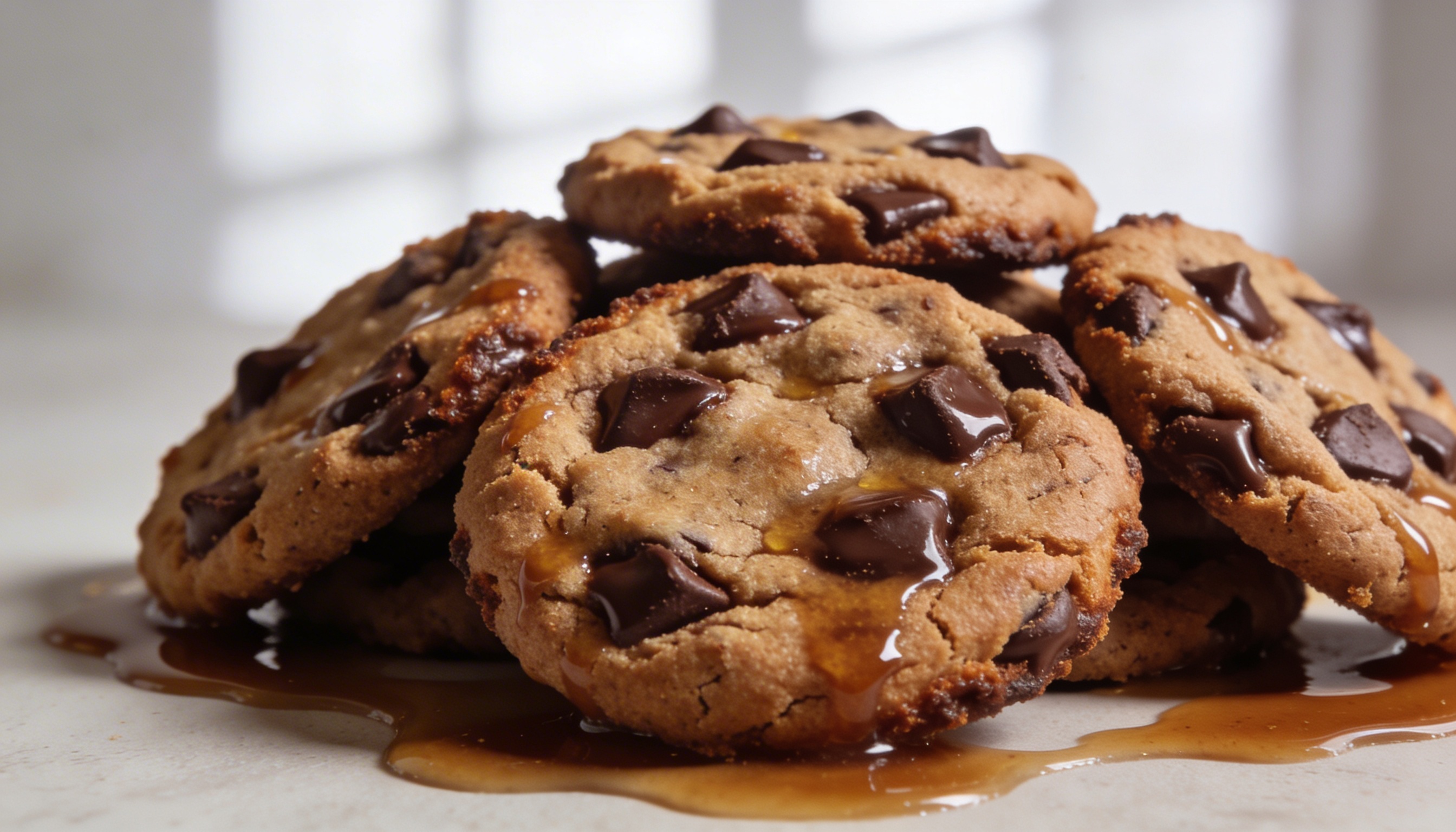 A stack of warm brown butter chocolate chip cookies with crisp edges and chewy middles, showcasing their golden brown color.