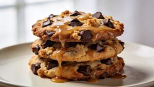 A stack of warm, golden-brown butter chocolate chip cookies, some with melty chocolate chips visible, on a cooling rack or plate, ready to be enjoyed.