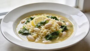 Close-up of a bowl of Easy One-Pot Lemon Orzo Soup with White Beans and Spinach, garnished with fresh dill.
