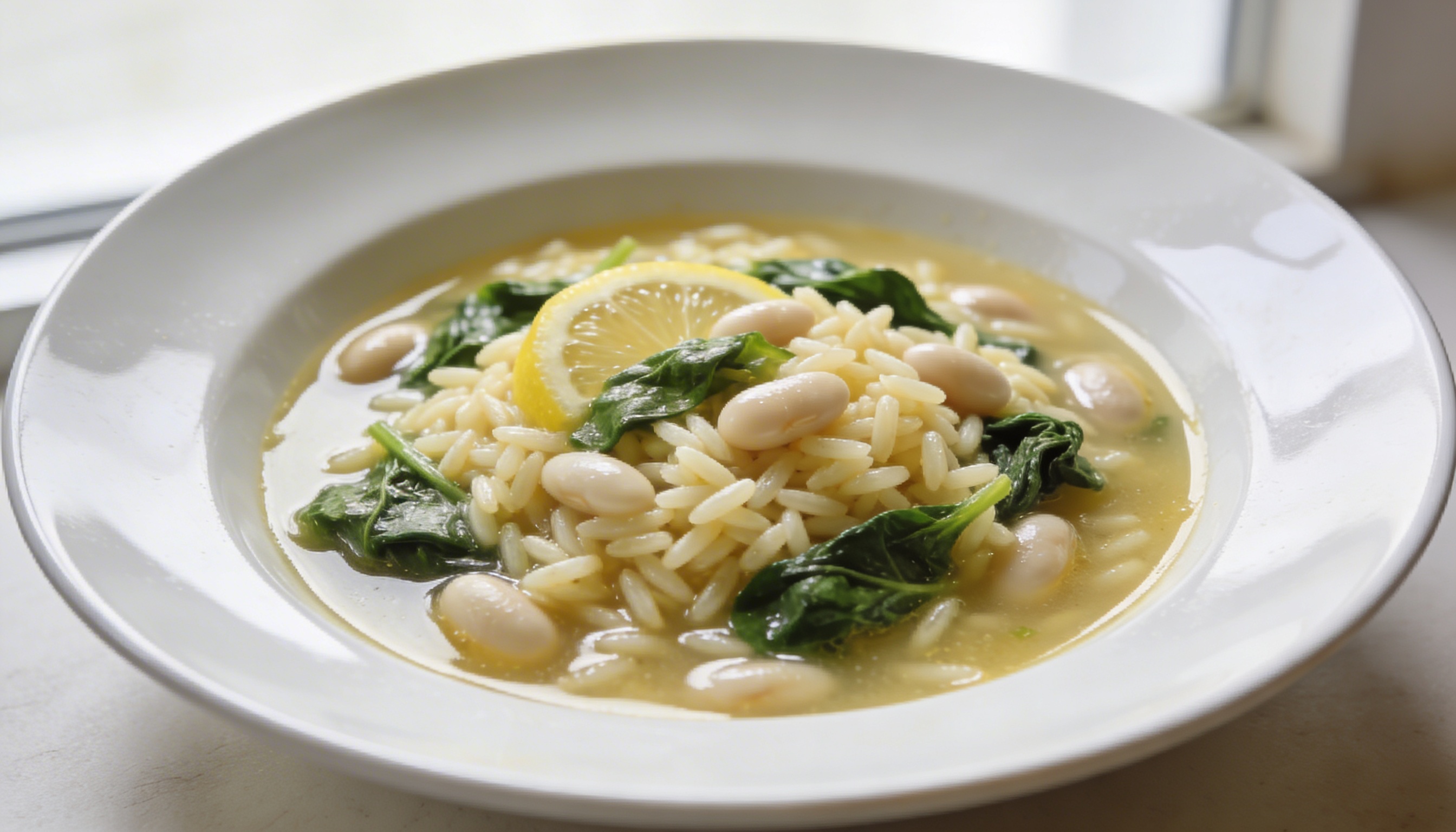 Close-up of a bowl of Easy One-Pot Lemon Orzo Soup with White Beans and Spinach, garnished with fresh dill.