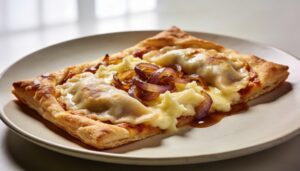 Overhead view of a golden-brown Pierogi Puff Pastry Pizza, topped with cheesy mashed potatoes, caramelized onions, and fresh chives, on a wooden cutting board.