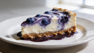 Whole creamy blueberry swirl cheesecake with a buttery graham cracker crust, a slice removed, revealing vibrant blueberry swirls and creamy texture on a serving plate