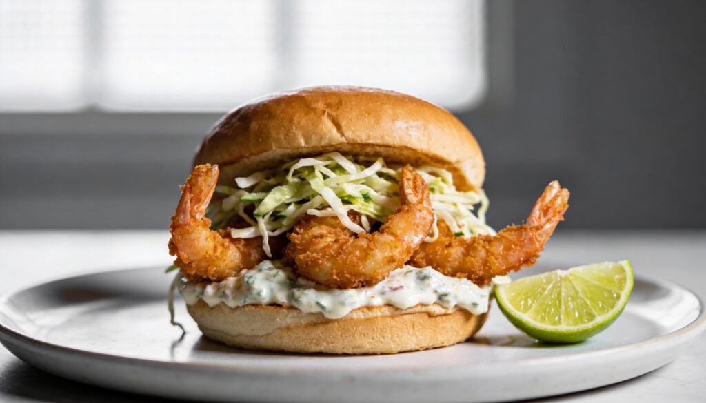 Two crispy shrimp sandwiches with lime slaw and homemade tartar sauce on brioche buns.