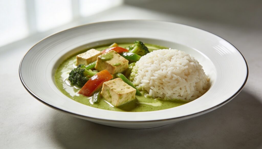A vibrant bowl of Quick Thai Green Curry with Tofu and Vegetables served over rice, garnished with fresh basil.