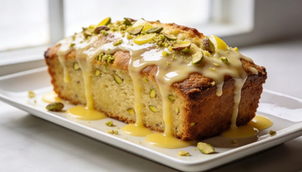 Whole lemon pistachio loaf cake with lemon glaze on a serving plate, ready to be sliced