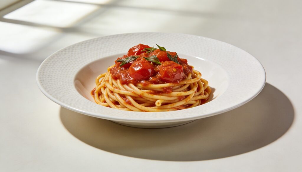 A plate of bucatini pasta coated in vibrant red winter burst tomato sauce, garnished with fresh basil.