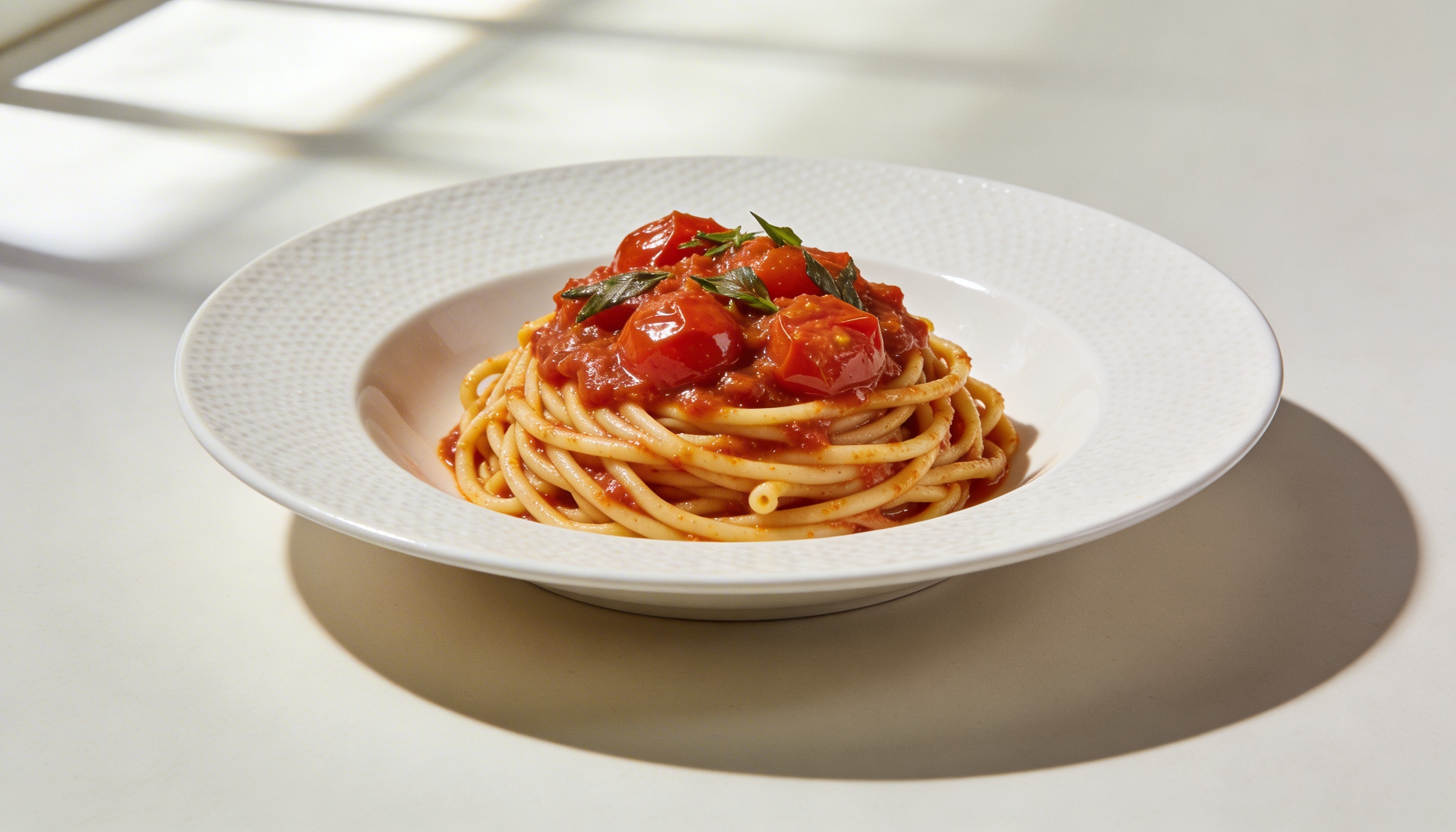 A plate of bucatini pasta coated in vibrant red winter burst tomato sauce, garnished with fresh basil.