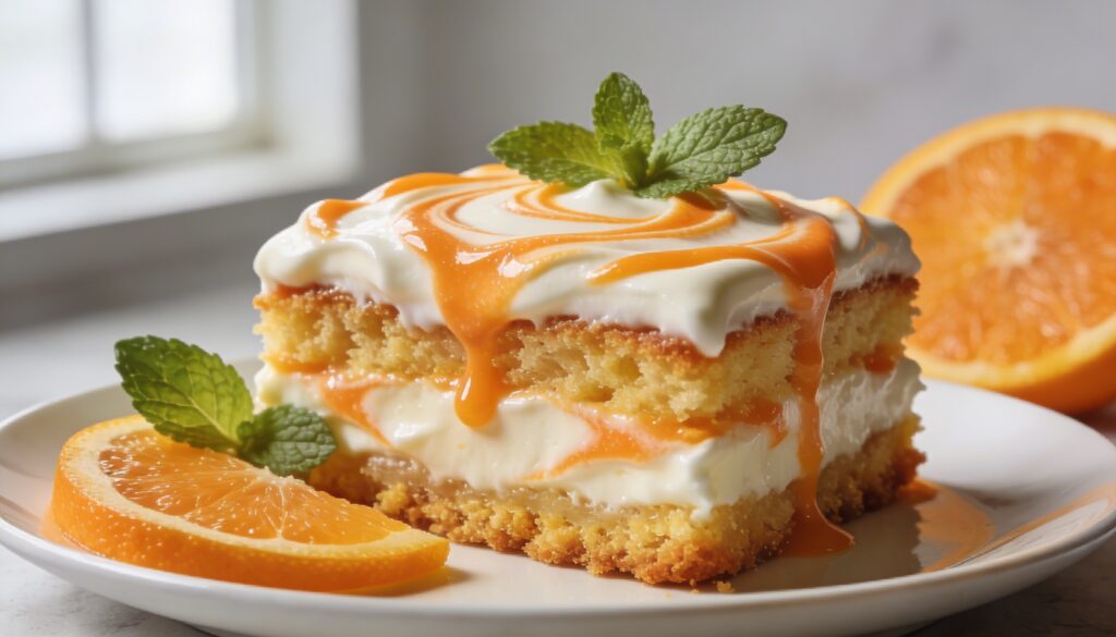 A slice of Creamsicle Yogurt Snack Cake on a white plate, topped with vanilla cream glaze and orange zest, revealing its moist orange crumb.