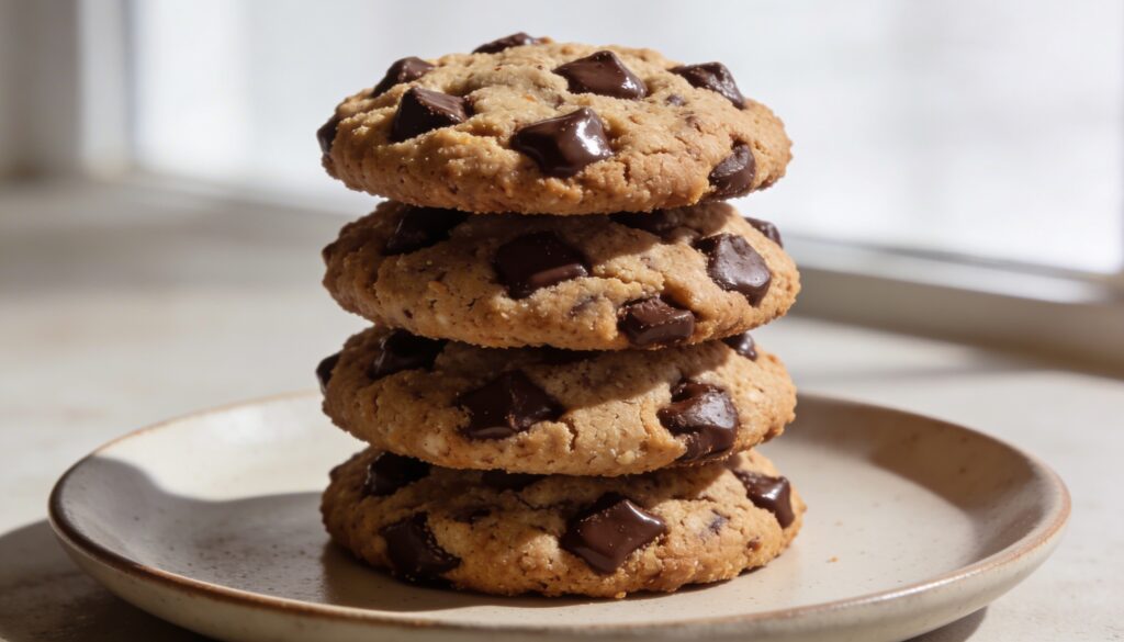 Plate of freshly baked gluten-free almond flour chocolate chip cookies with melty chocolate