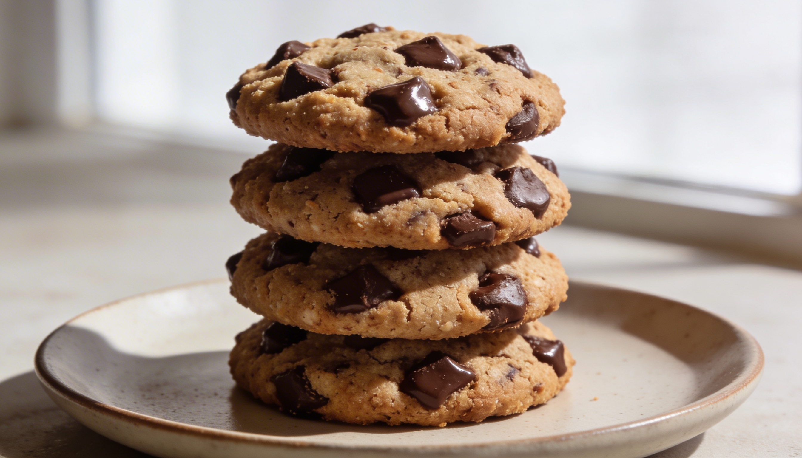 Plate of freshly baked gluten-free almond flour chocolate chip cookies with melty chocolate